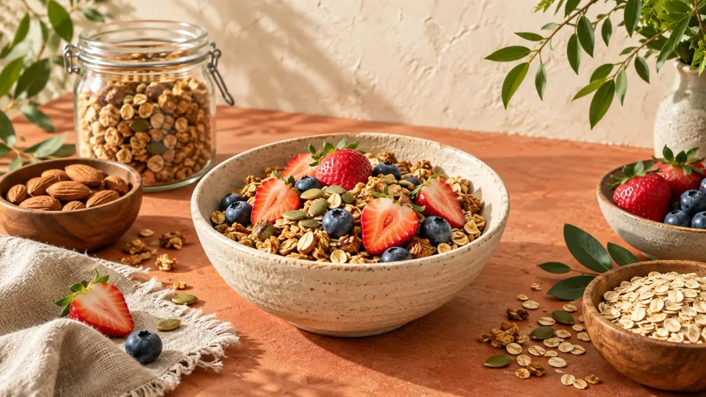 Granola con frutos rojos, avena y almendras