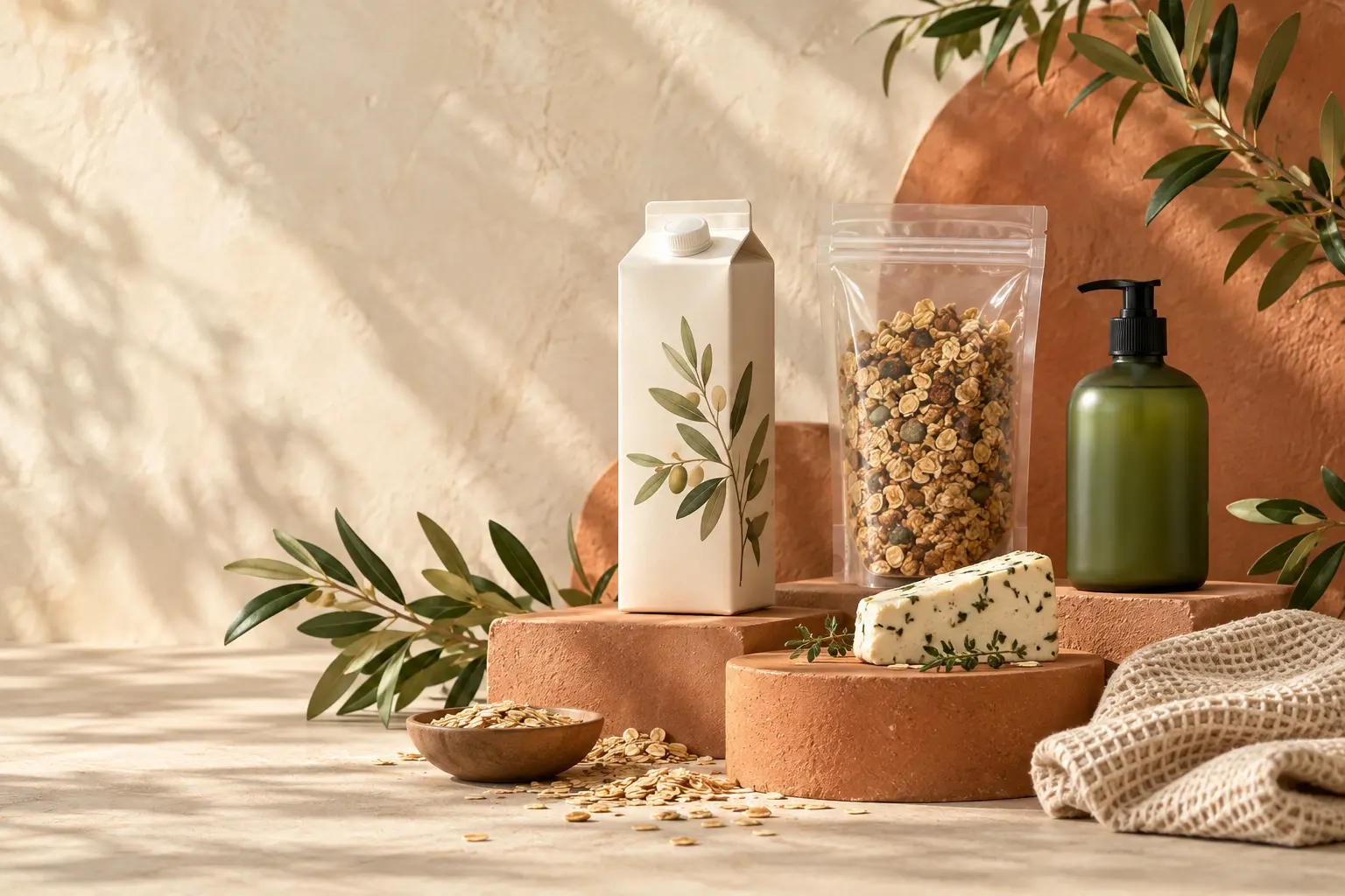 Productos veganos de alimentación, belleza y hogar sobre bases de terracota